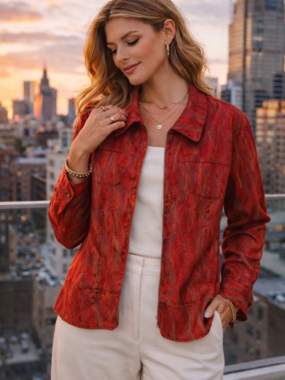 Erin London Textured Red Zip Jacket 3X Lightweight Chic‎ Pockets